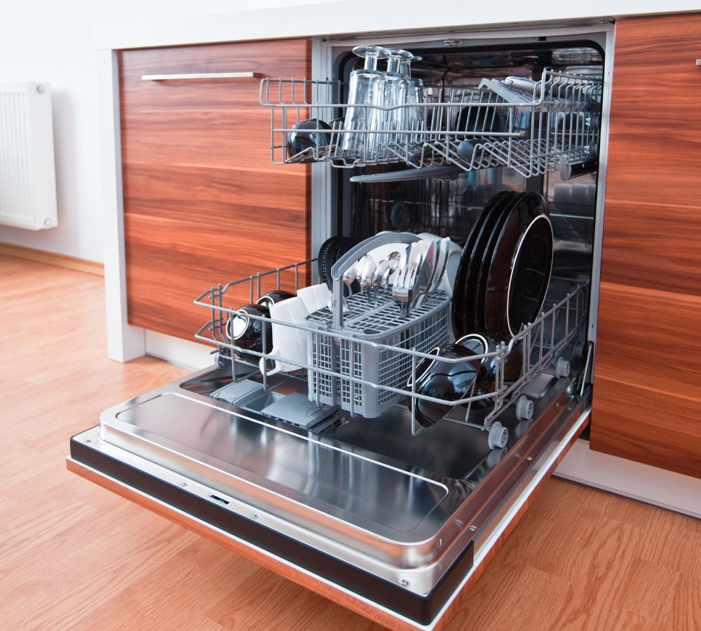 The dishwasher leaves white residue on Plastic and Stainless Steel